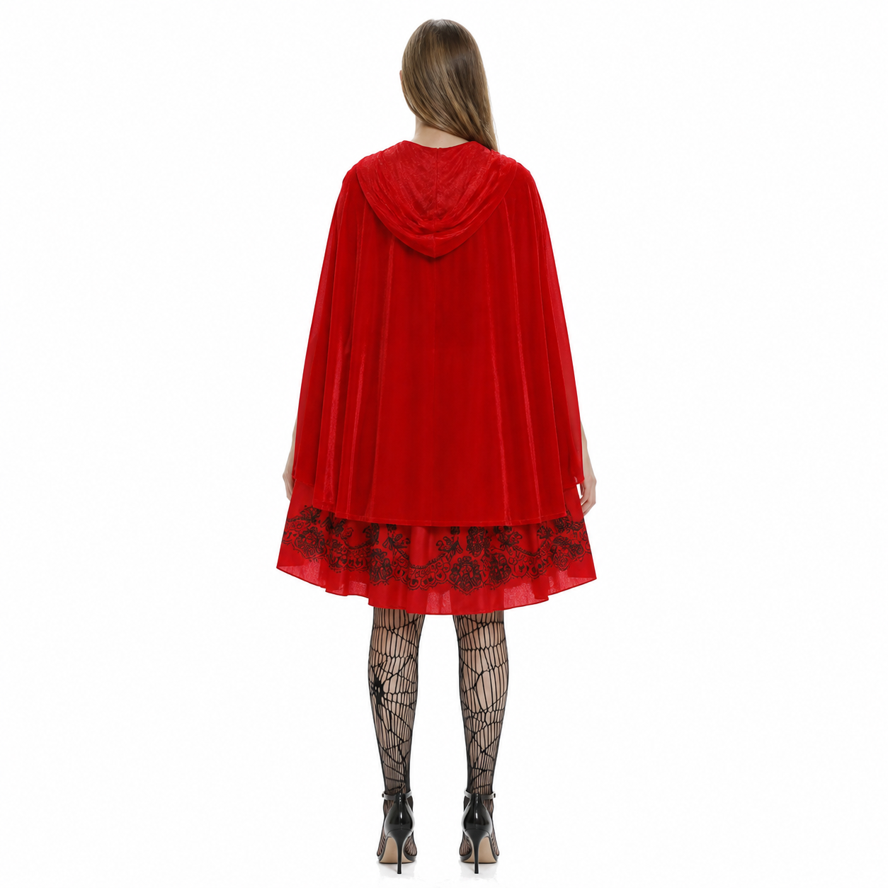Red Dress with Hooded Cape and Floral Pattern back view