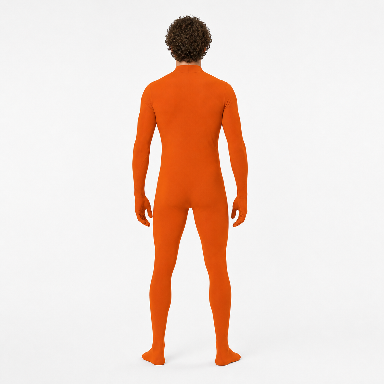 Orange form-fitting jumpsuit with a high collar back view