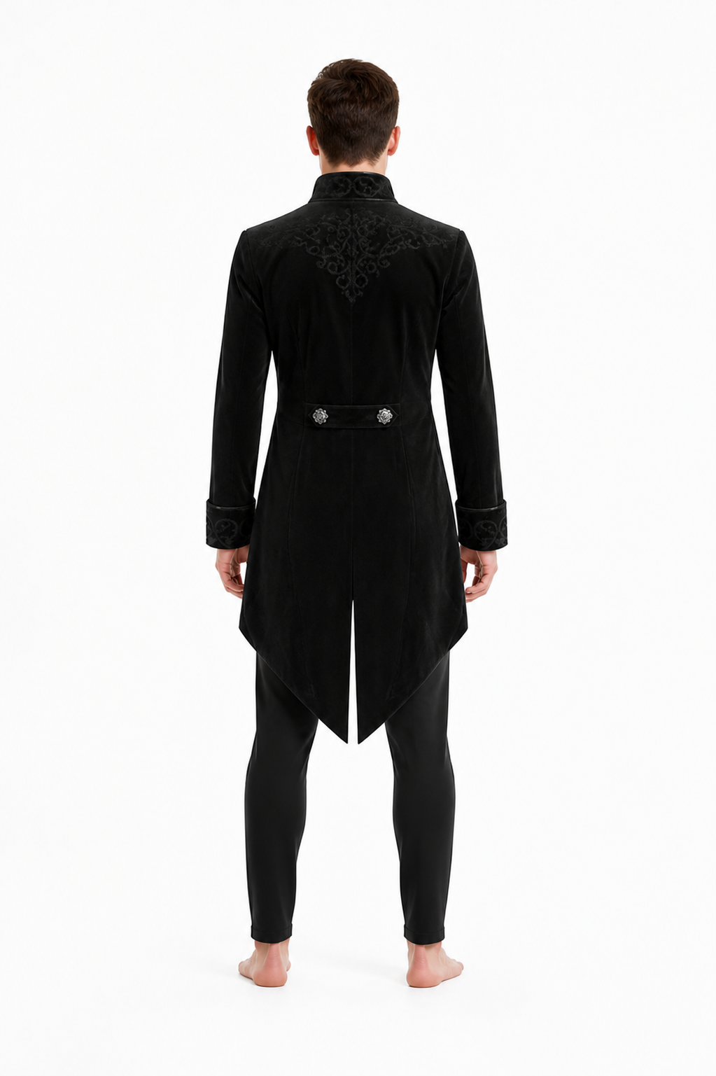 Black Tailcoat with Embroidery and Stand Collar back view