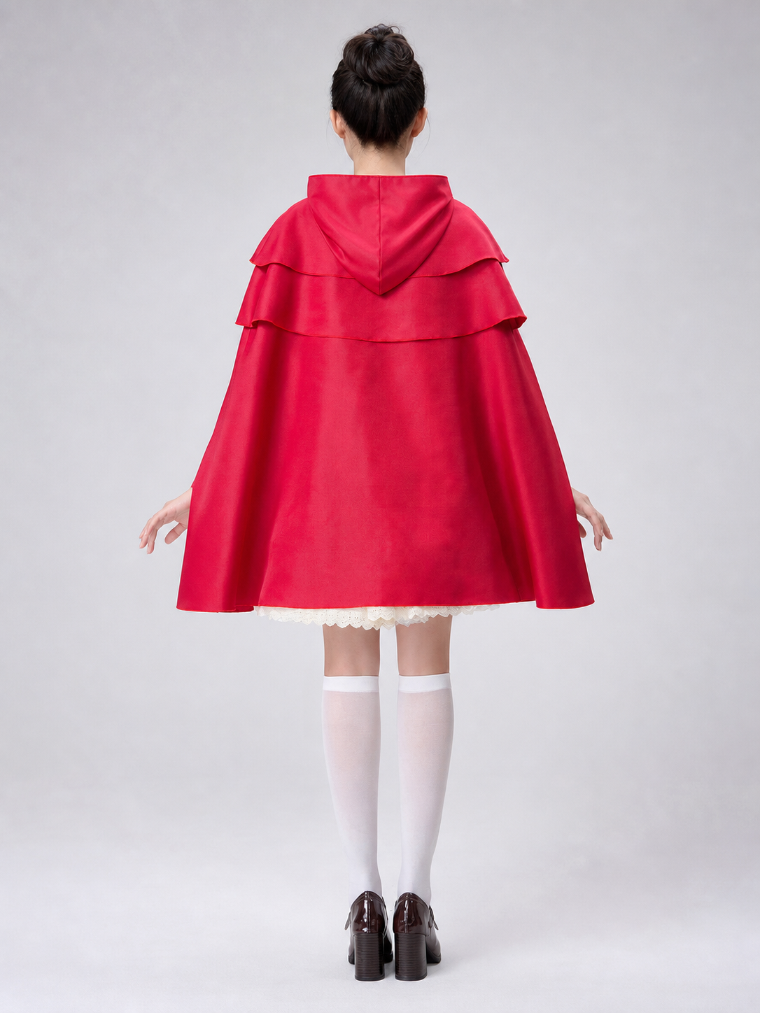 Red Hooded Cape with Triple Ruffles back view