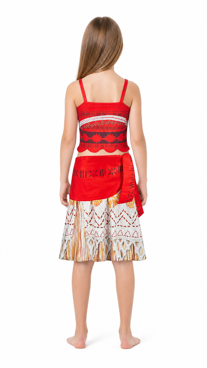 Children's red carnival costume with a top and skirt back view