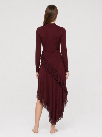 Burgundy Dress with a Deep V-Neckline and Lace Trim