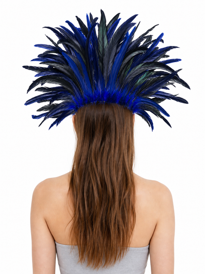 Carnival Headpiece with Blue-and-Black Feathers and Mask