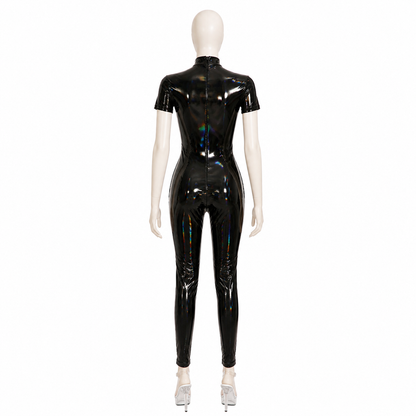 Black Jumpsuit with a High Collar and Short Sleeves back view