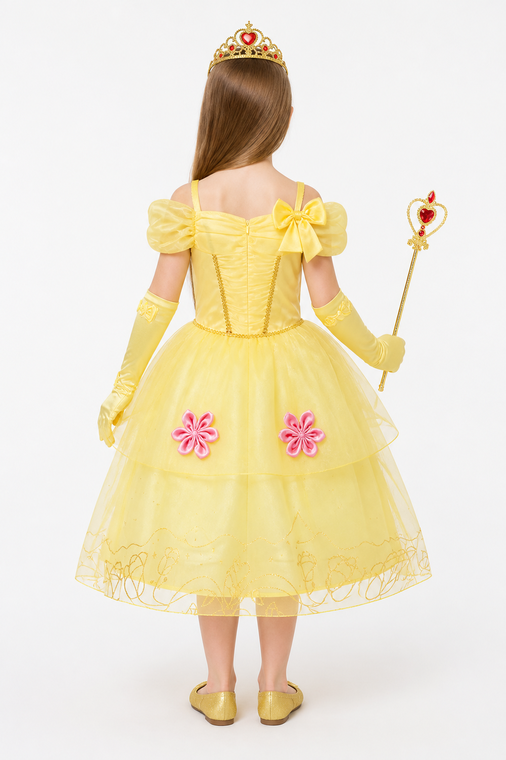 Princess costume with a full skirt and crown for Halloween back view