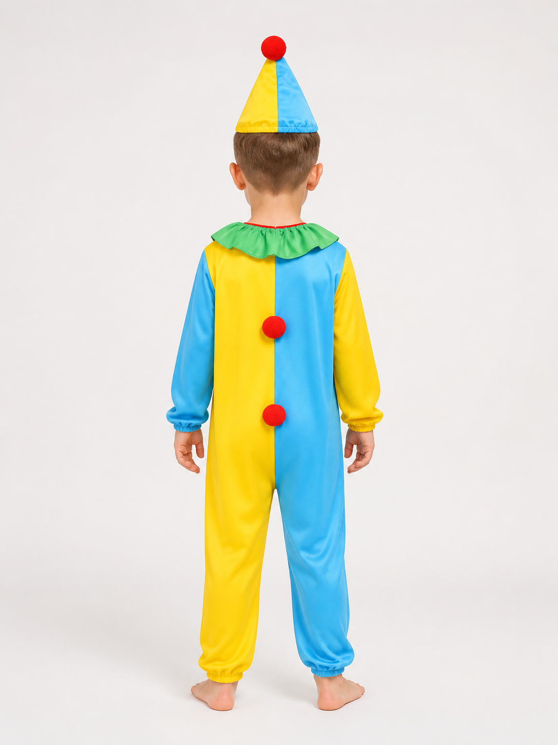 Clown Jumpsuit with Pointed Hat, Red Pom-Poms, and Ruffle back view