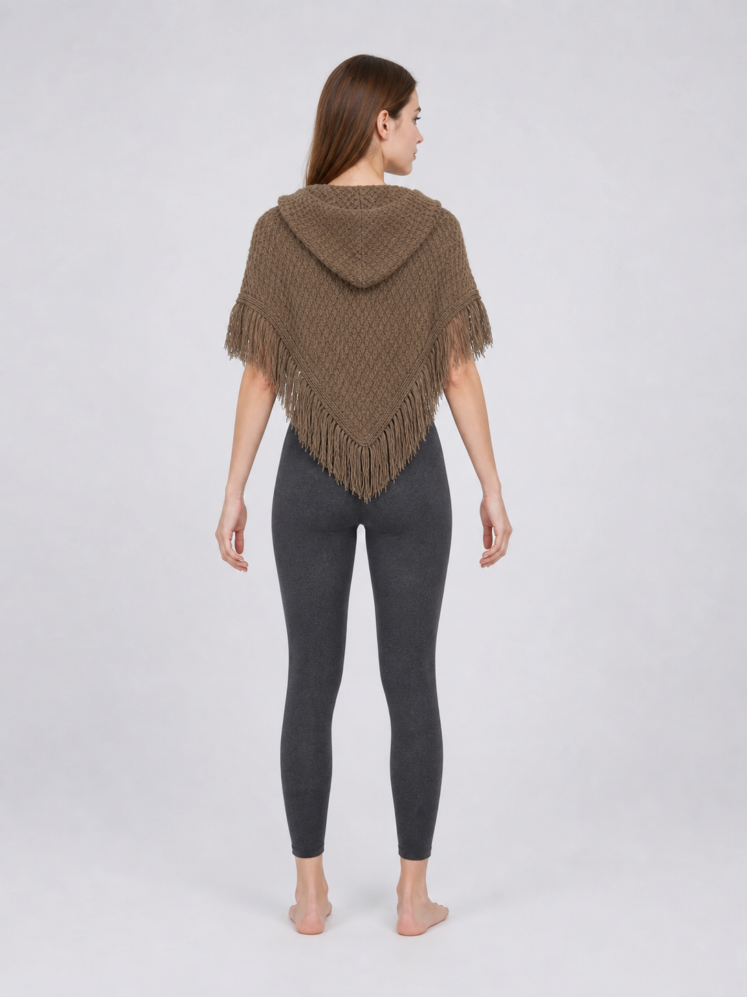 Triangle Hooded Cape with Fringe, Brown