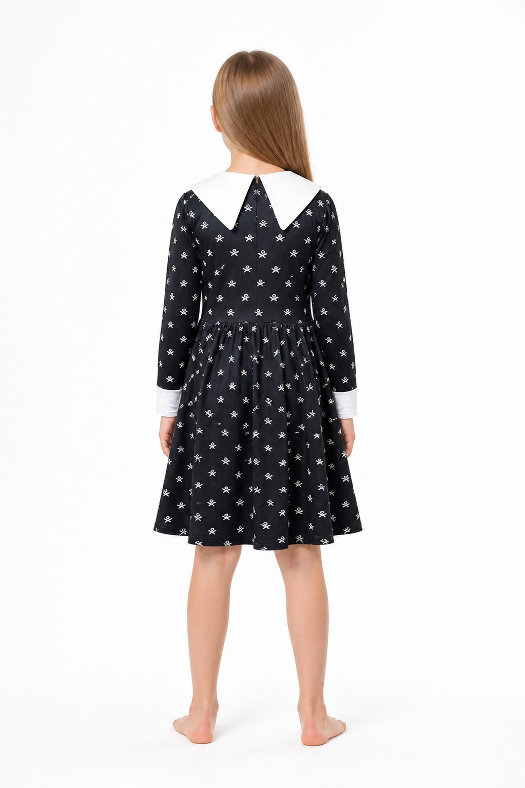 Children’s Halloween costume dress with skeleton print back view