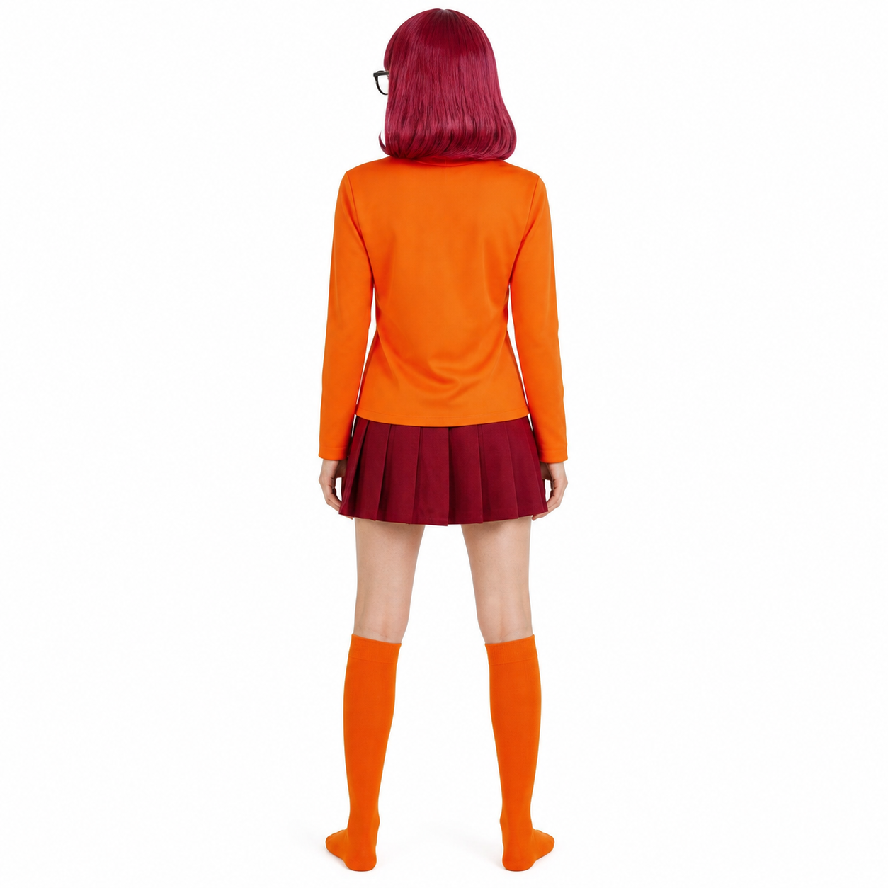 Velma Cosplay Costume: Skirt, Knee-High Socks, Wig, and Glasses back view