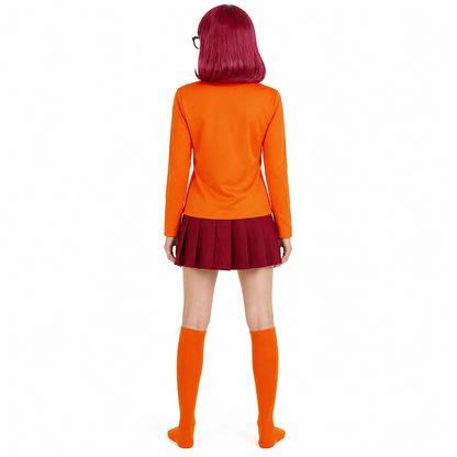 Velma Cosplay Costume: Skirt, Knee-High Socks, Wig, and Glasses back view
