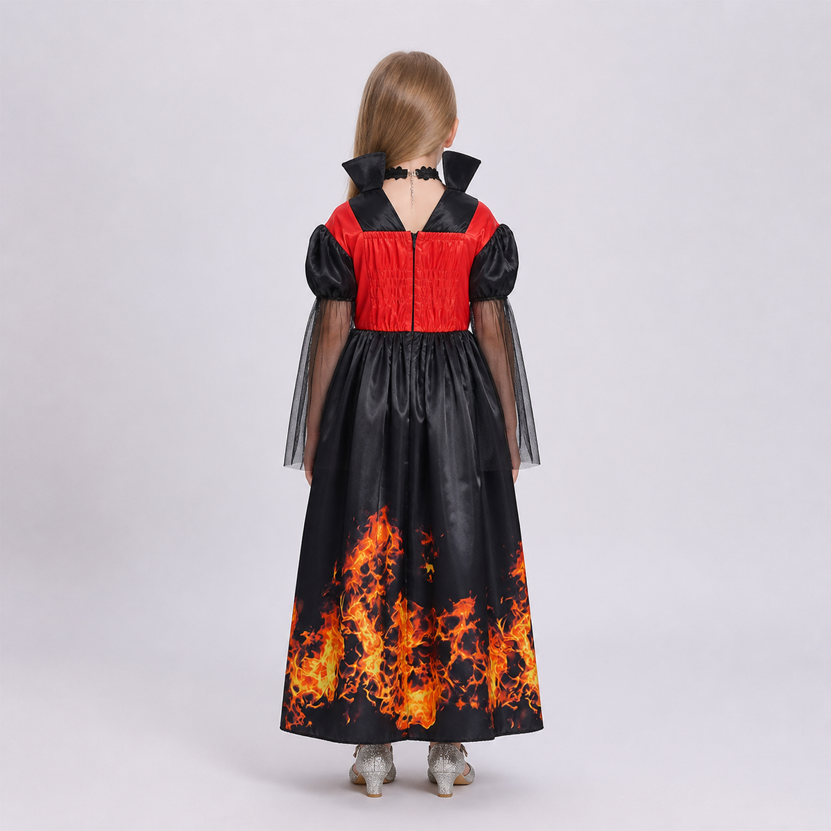 Halloween Dress with Flame Print and Puff Sleeves back view