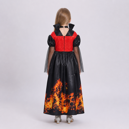 Halloween Dress with Flame Print and Puff Sleeves back view