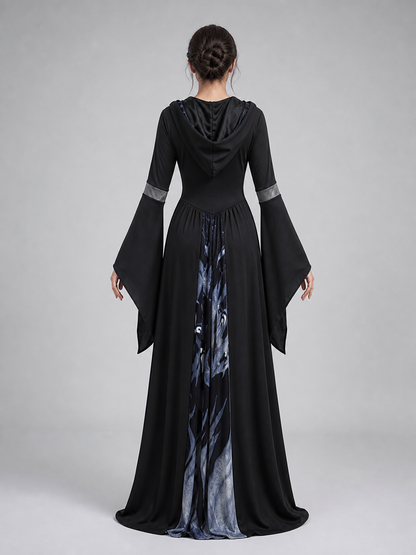 Gothic cosplay dress with hood and skulls