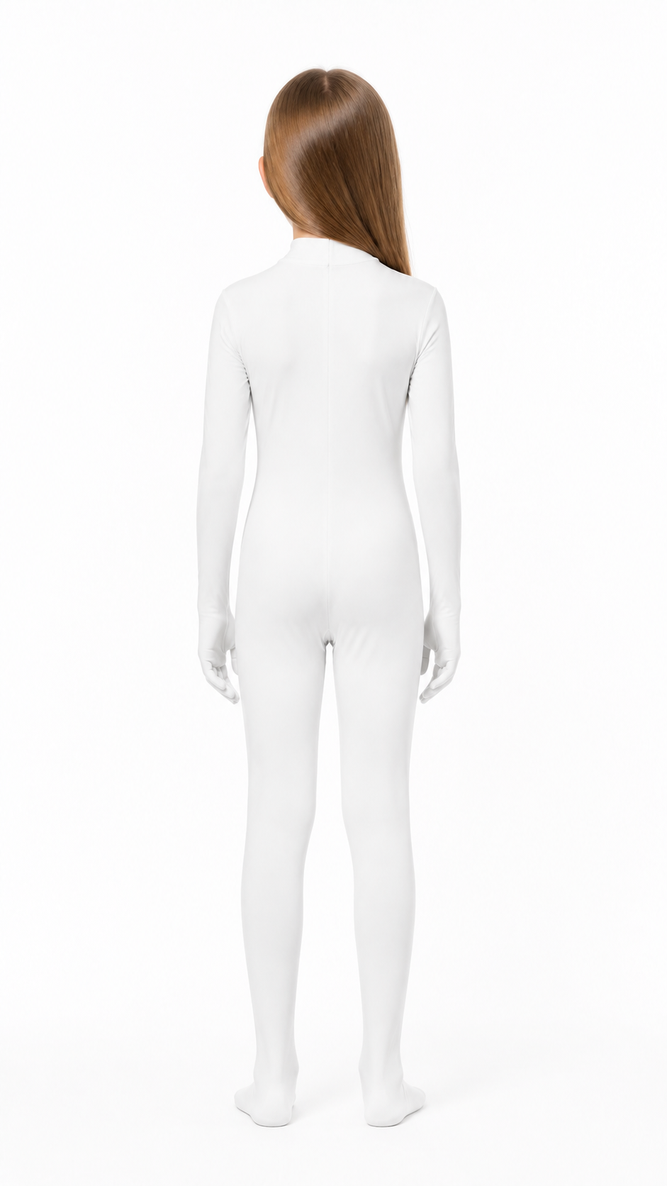 White form-fitting bodysuit with a hood and open face back view