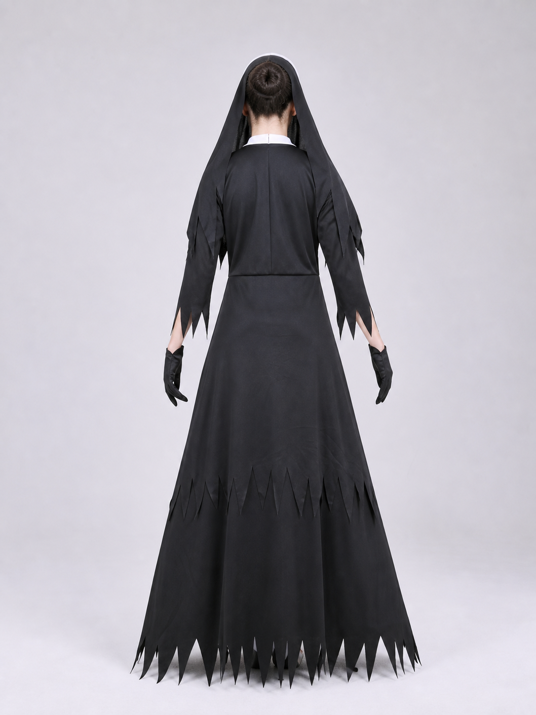 Zombie cosplay costume with a black cassock back view