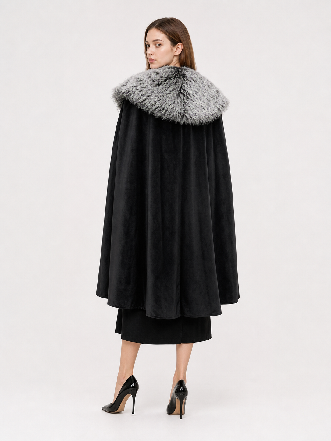 Black Costume Cloak with Faux Fur Collar