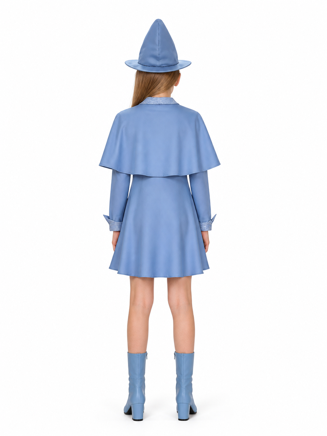 Blue witch costume back view with layered cape