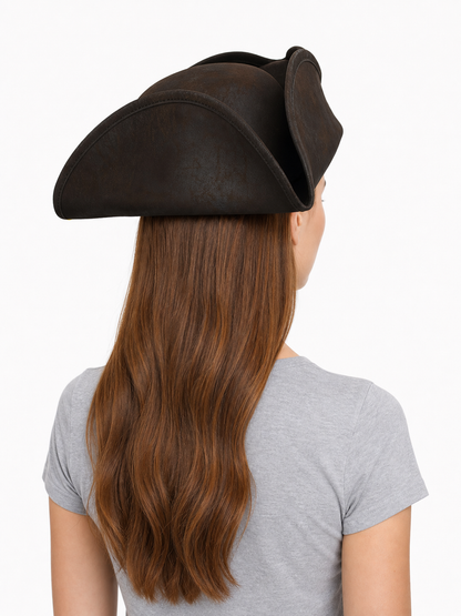Women's Pirate Hat for Costume Parties, Cosplay and Themed Events, Tall Curved Crown, Wide Asymmetrical Brim, Dark Brown to Black Textured Design