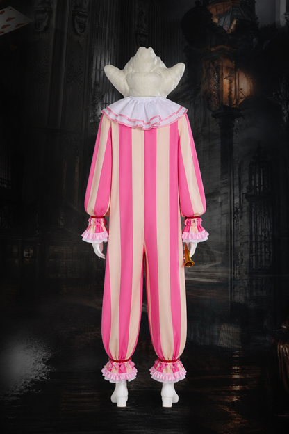 Striped Carnival Clown Jumpsuit with Pom-Poms back view