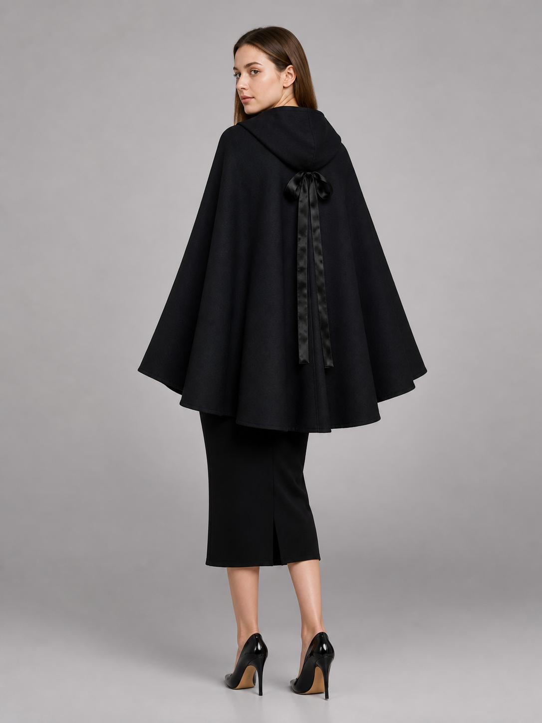 Black Costume Cloak with Hood and Ties