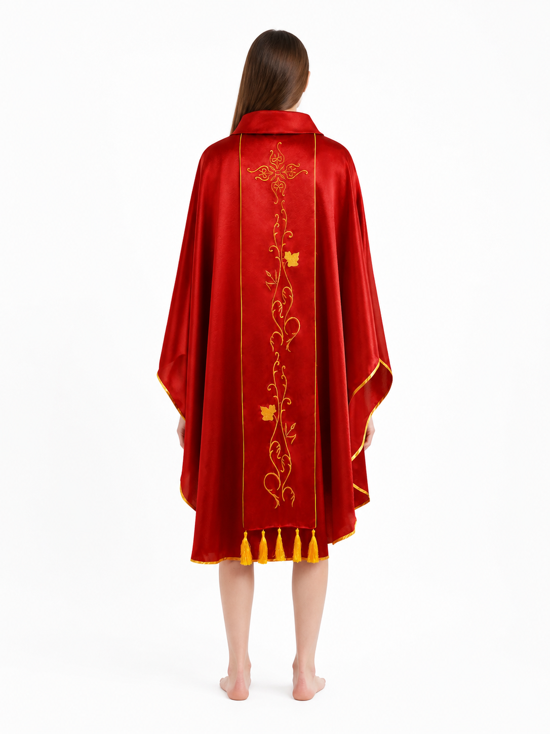 Red Robe with Gold Embroidery and Fringe back view
