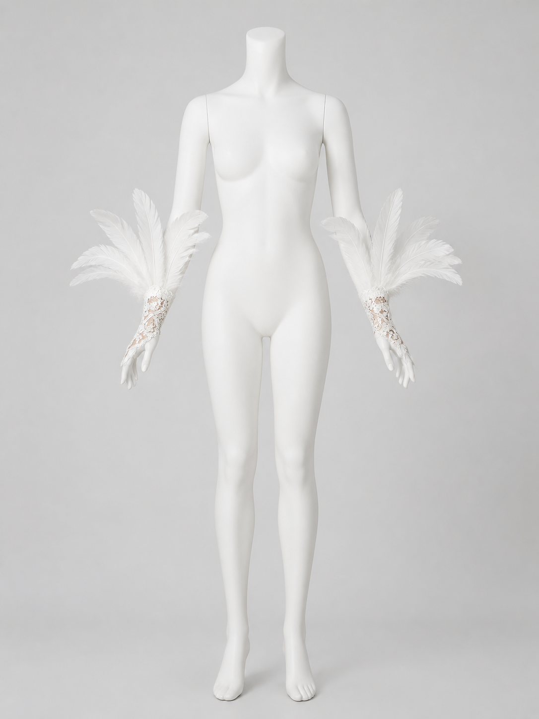 White Lace Carnival Gloves with Feathers, Pair