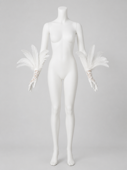 White Lace Carnival Gloves with Feathers, Pair