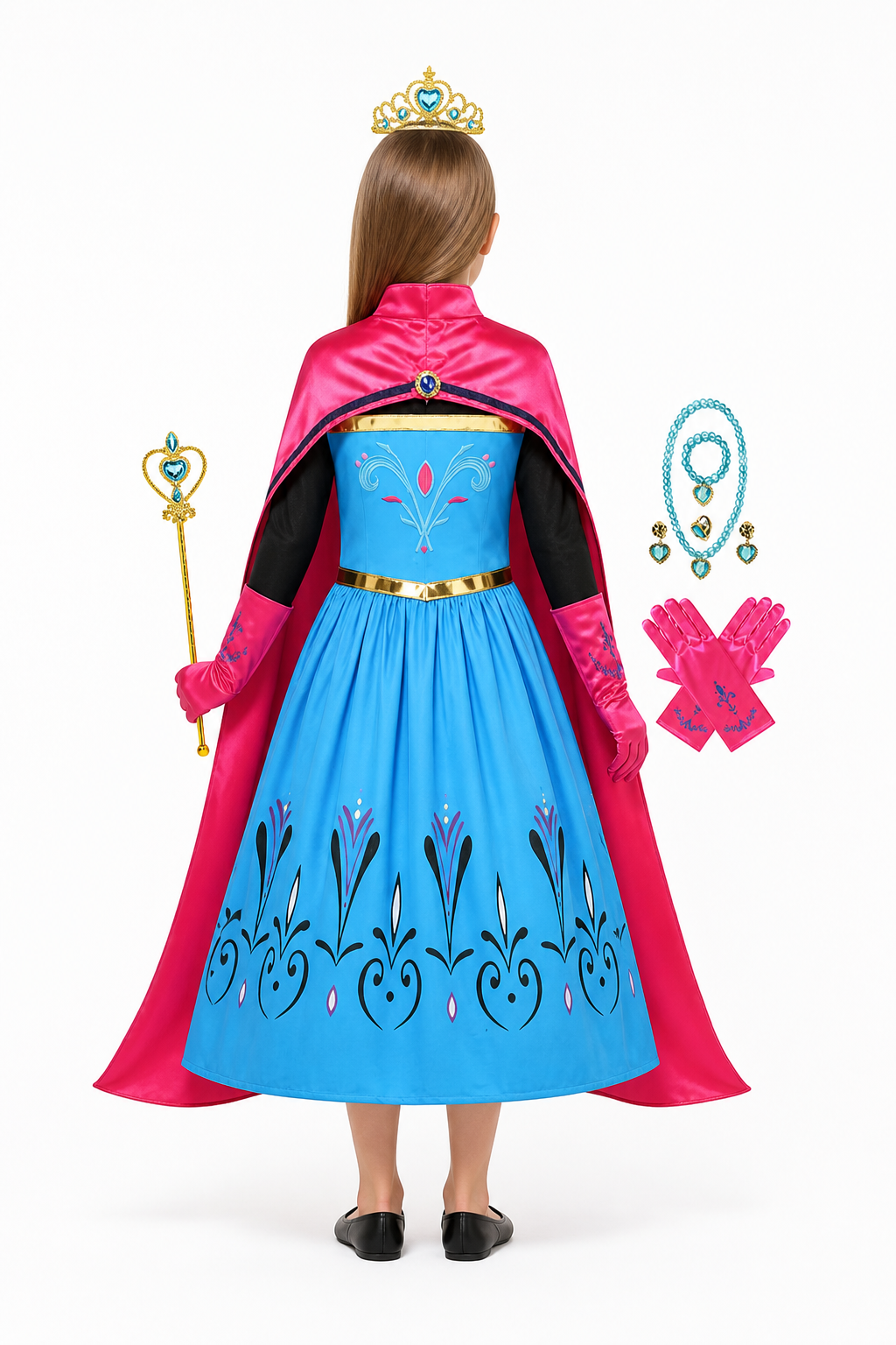 Children's Halloween costume with dress and cape back view