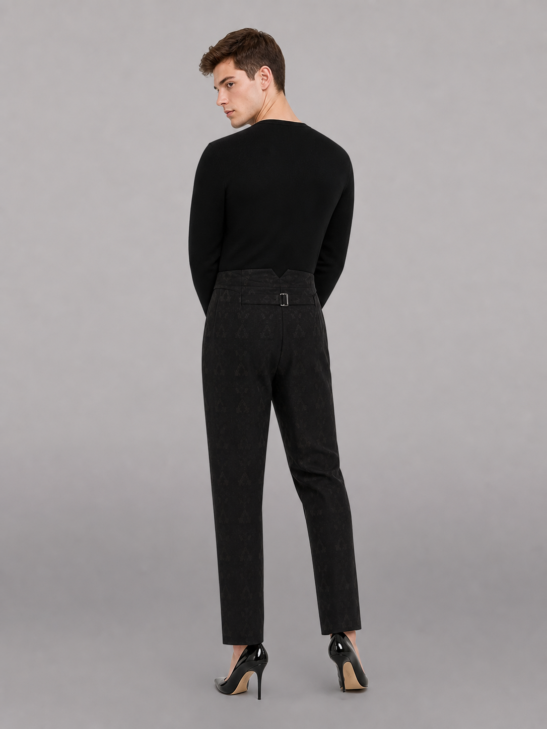 Black High-Waisted Pants with a Tonal Pattern
