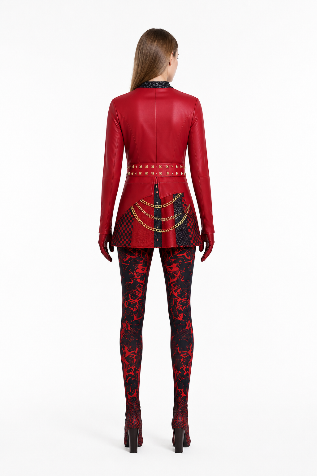 Red and Black Carnival Jumpsuit with Print and Zipper