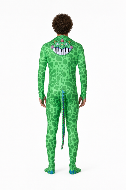 Green Dinosaur Hooded Jumpsuit Costume back view