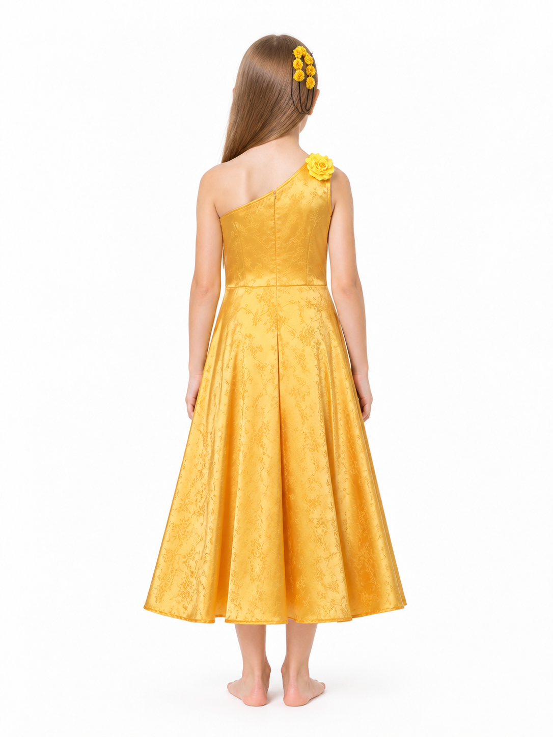 Children’s Gold Performance Dress with Floral Details back view