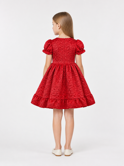 Red Dress with Puff Sleeves and a Bow back view