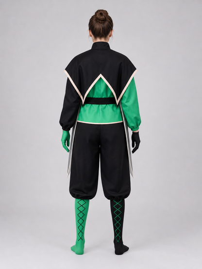 Theatrical jester-clown costume in a black-and-green style for cosplay. The set