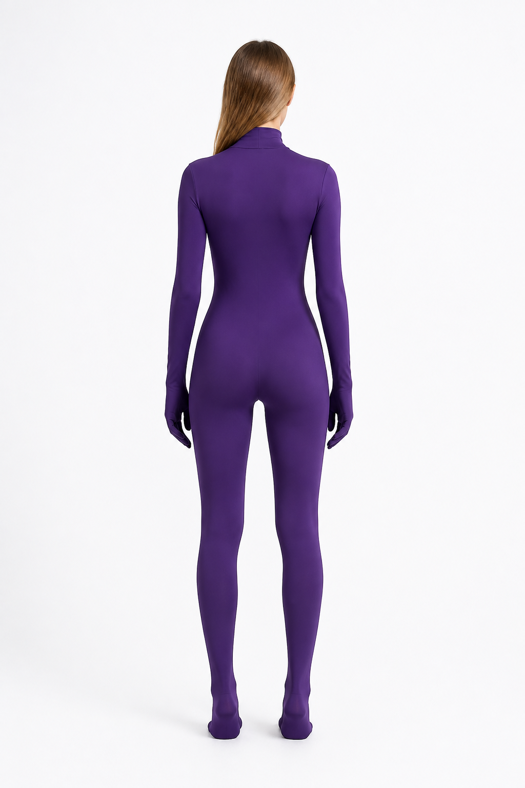 Purple Zentai Jumpsuit with Enclosed Hands and Feet back view