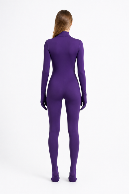 Purple Zentai Jumpsuit with Enclosed Hands and Feet back view