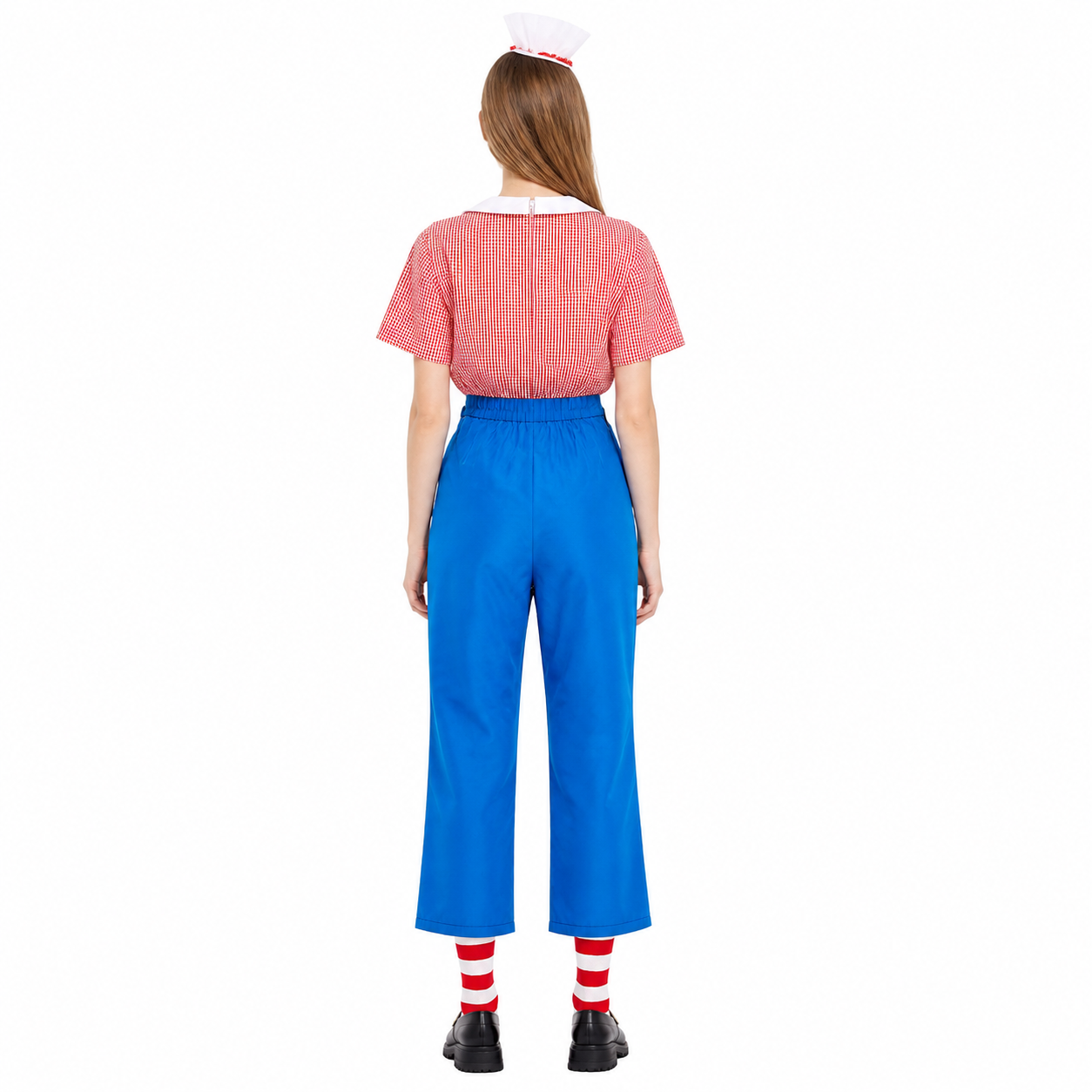 Red-and-white Checkered Clown Costume with Blue Pants back view