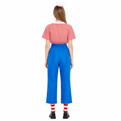 Red-and-white Checkered Clown Costume with Blue Pants back view