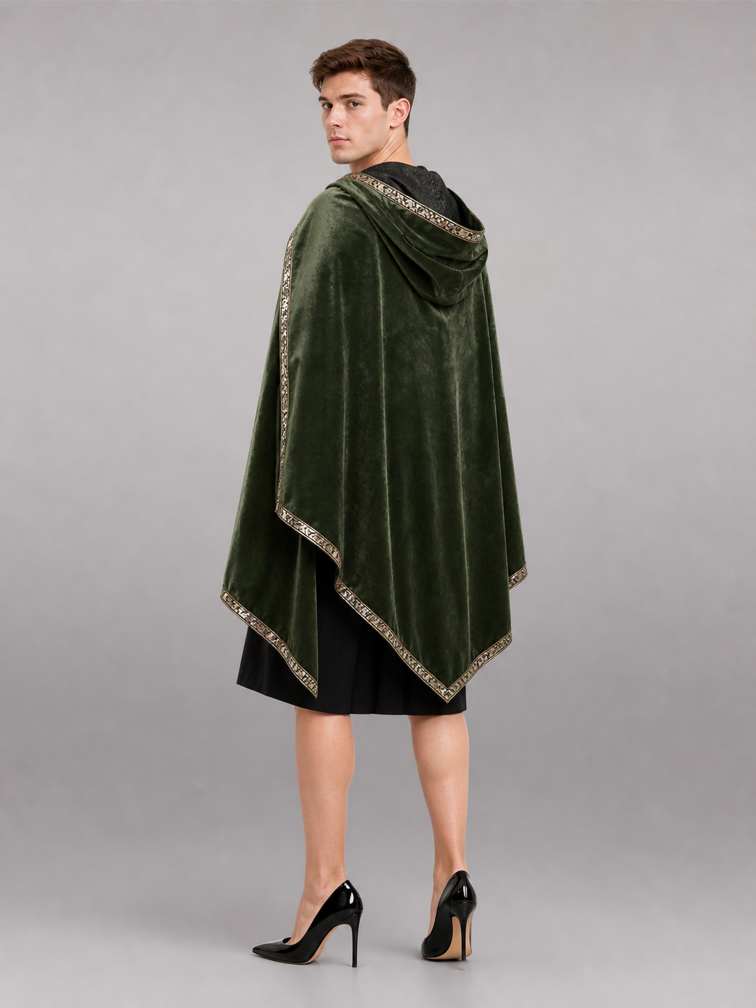 Green asymmetrical long carnival cape