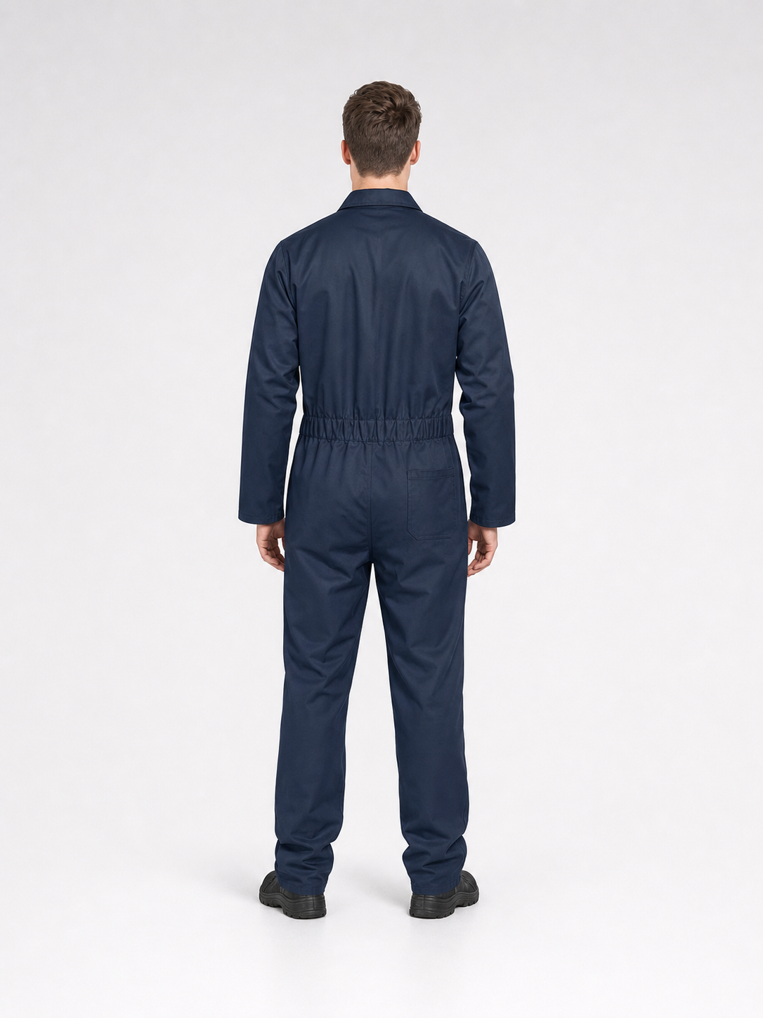 Blue Jumpsuit with Zipper and Notched Collar back view