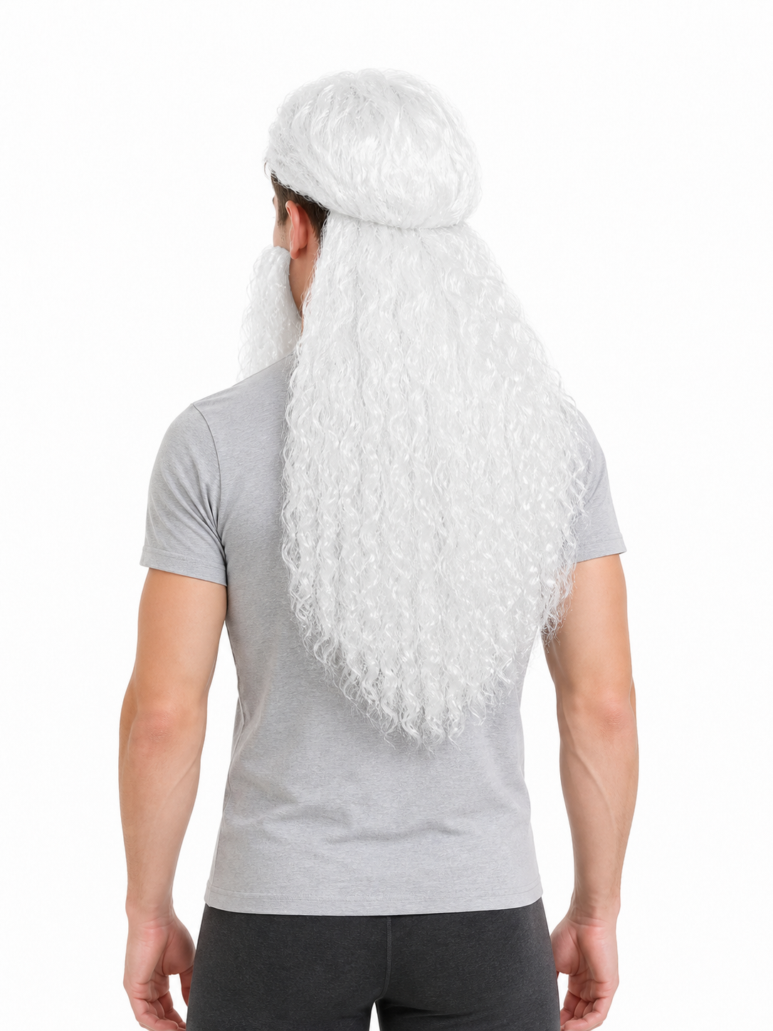 Back view of the white curly wig on a model, showing long curls and a gathered top section