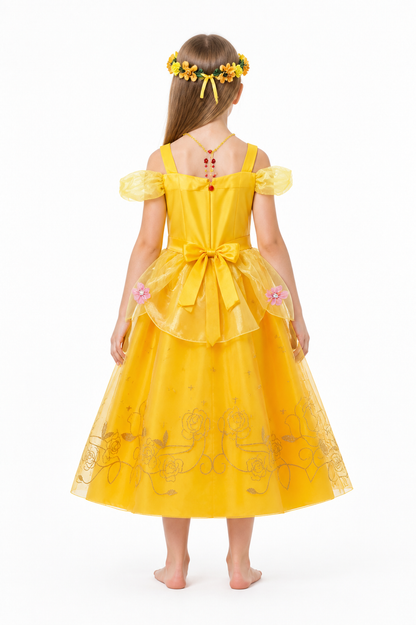 Yellow Princess Dress with Flowers and Bow back view