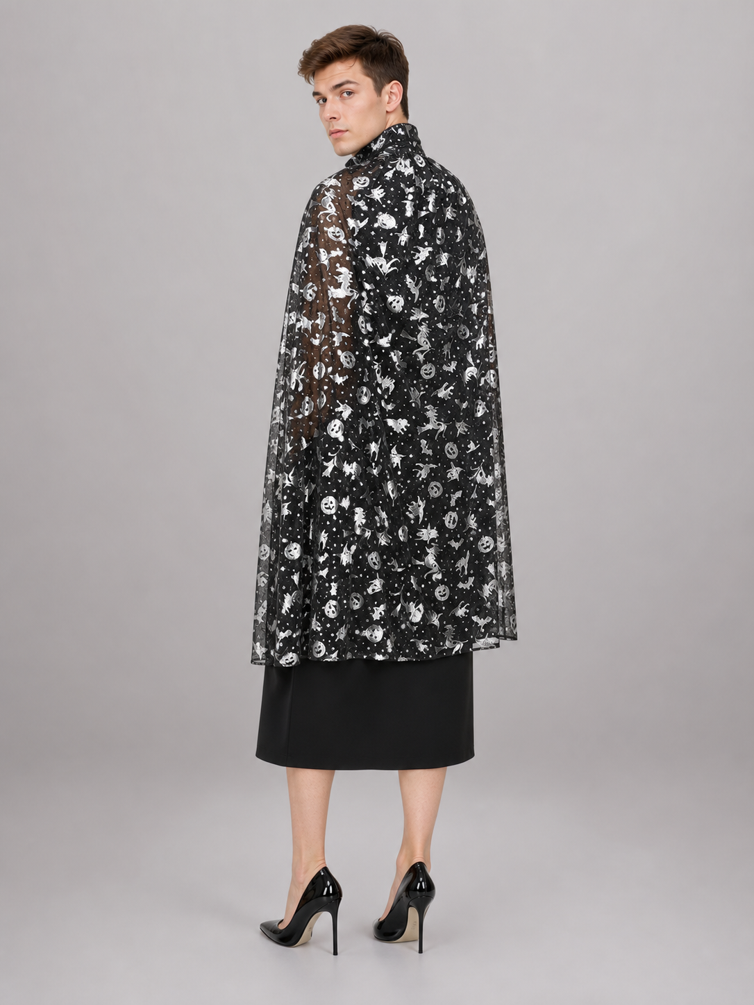 Black Carnival Cloak with a High Collar