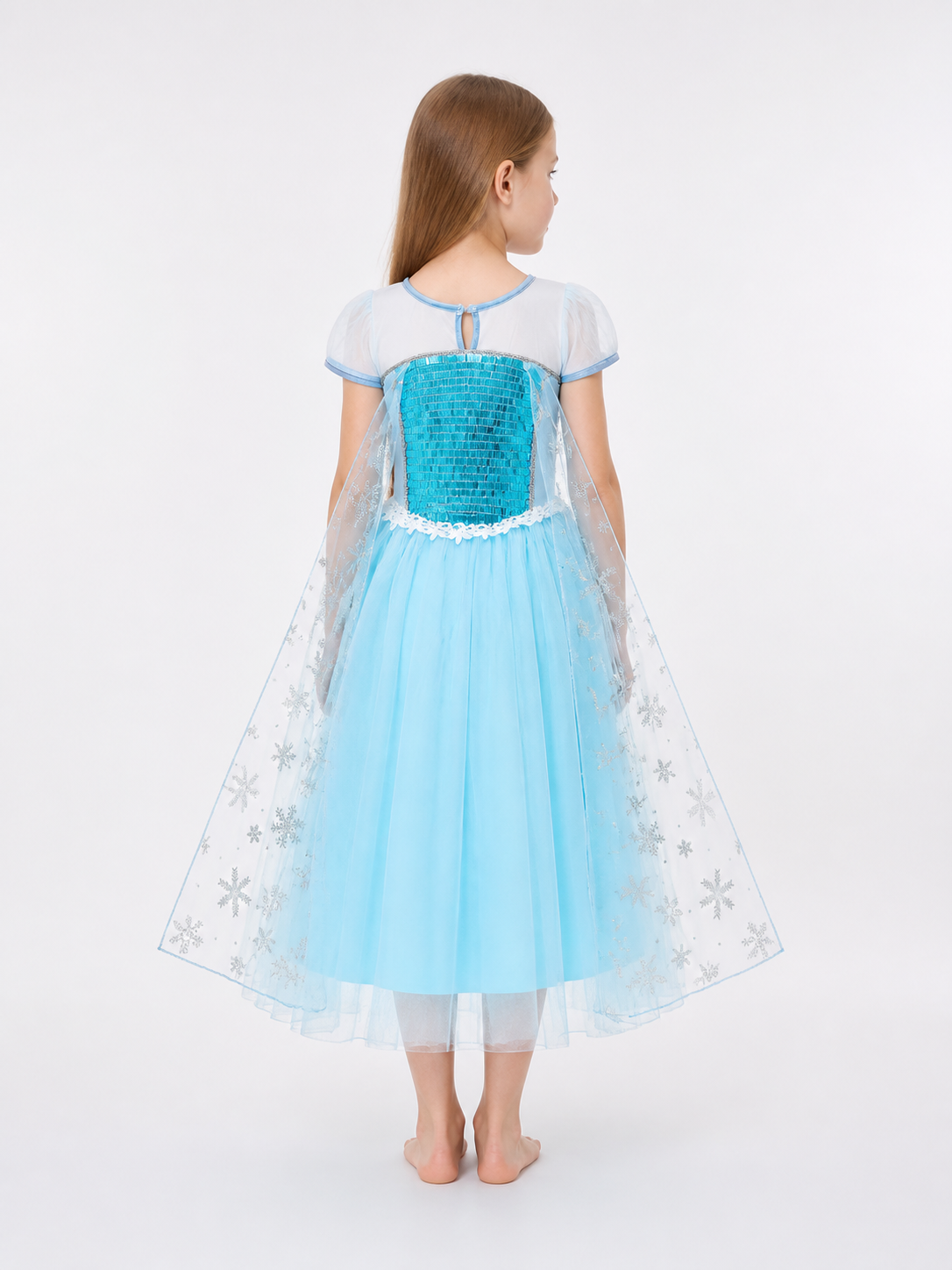 Light Blue Dress with White Cape, Snowflakes, and Sequins back view