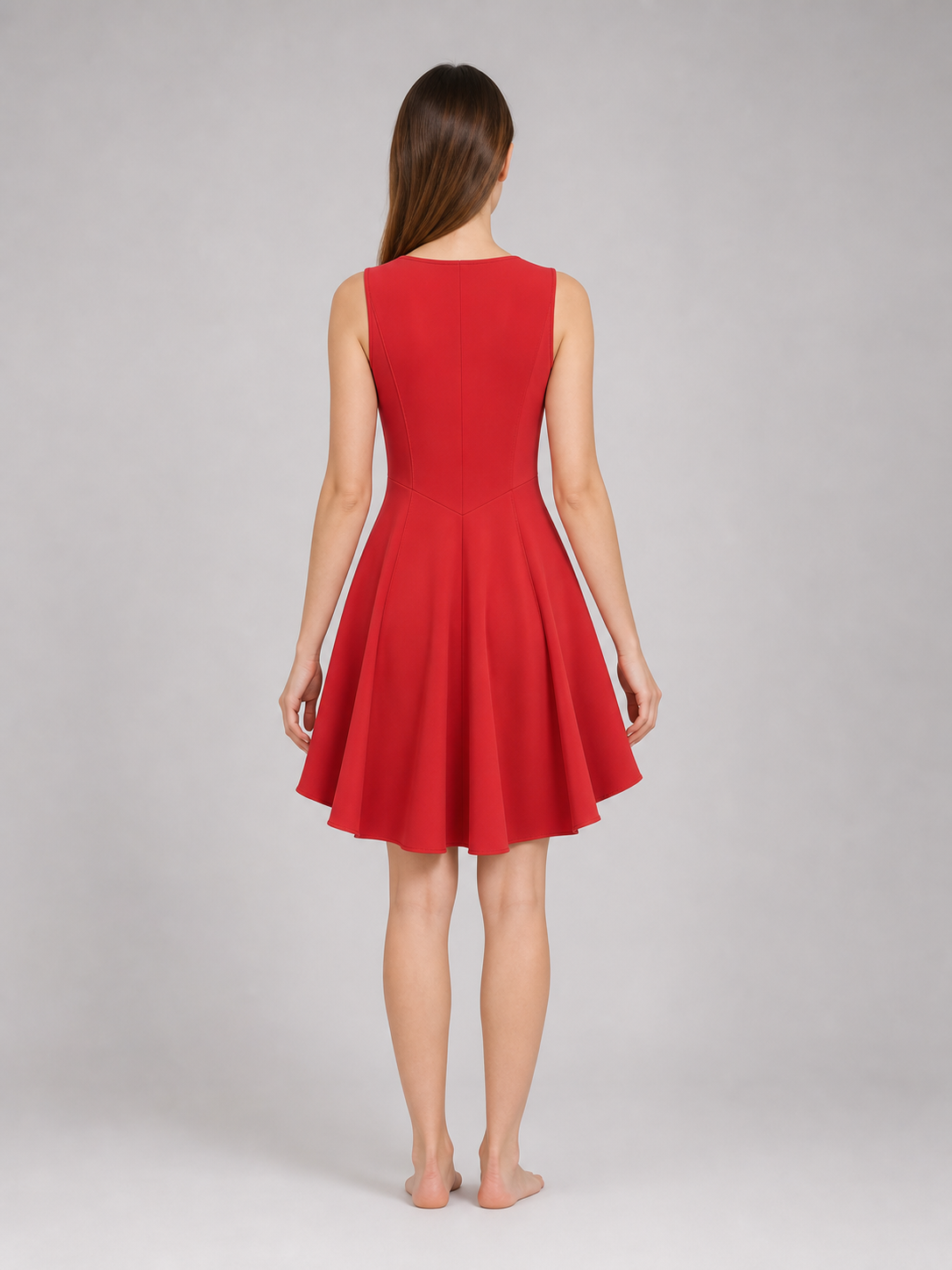 The red dress is designed in a vintage corset style and is suitable for costume events, themed parties, stage performances, and special occasions. The sleeveless design features a wide rounded neckline and a fitted bodice with structured pa