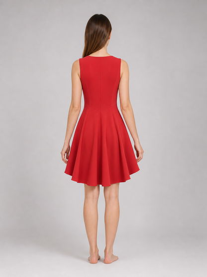 The red dress is designed in a vintage corset style and is suitable for costume events, themed parties, stage performances, and special occasions. The sleeveless design features a wide rounded neckline and a fitted bodice with structured pa
