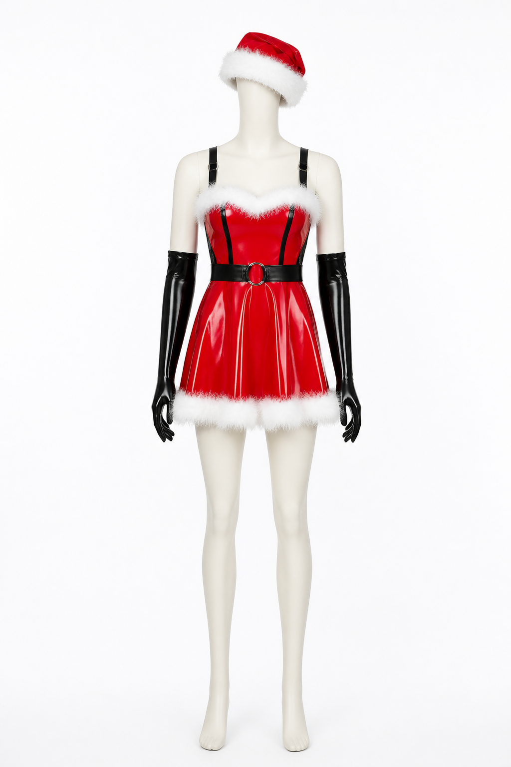 Red New Year's Costume with White Fur Trim and Belt back view