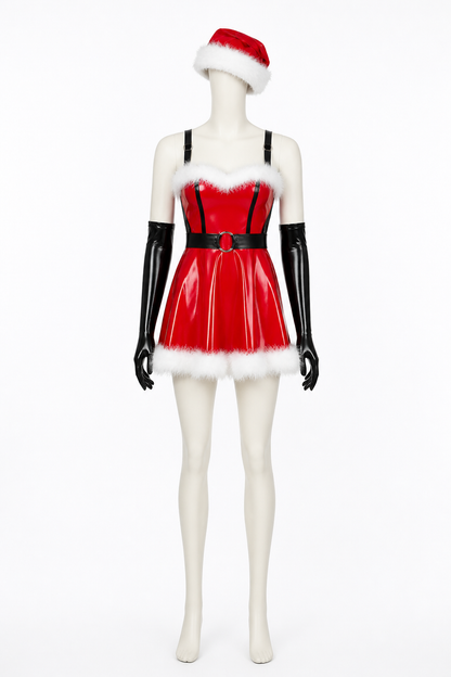 Red New Year's Costume with White Fur Trim and Belt back view