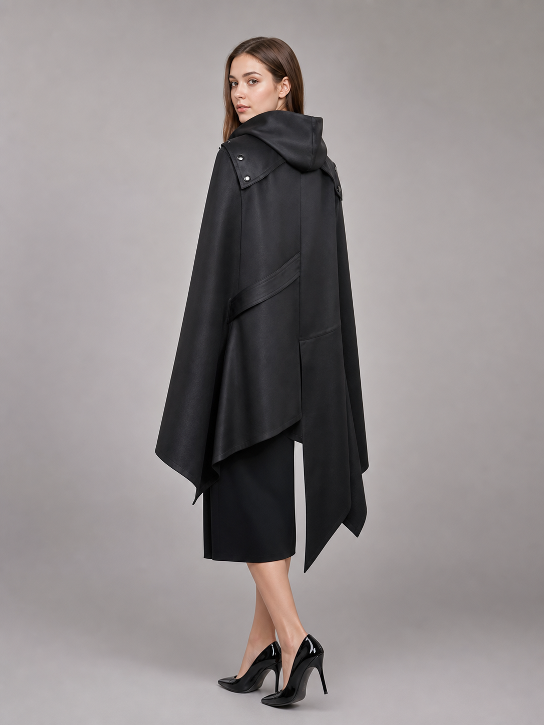 Black asymmetrical carnival cloak with hood