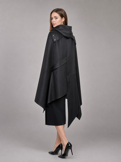 Black asymmetrical carnival cloak with hood